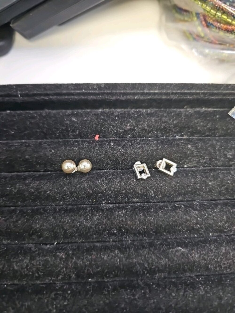 Lot Of 2 Earrings Silvertone Studs Balls & Square With Clear Colorless Crystals